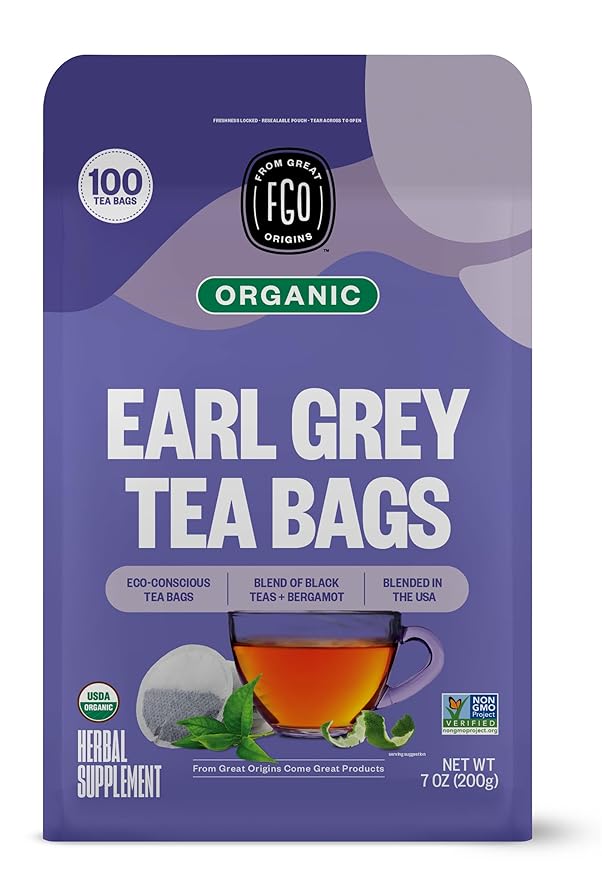 FGO Organic Earl Grey Black Tea, Eco-Conscious Tea Bags, Resealable Bag by FGO