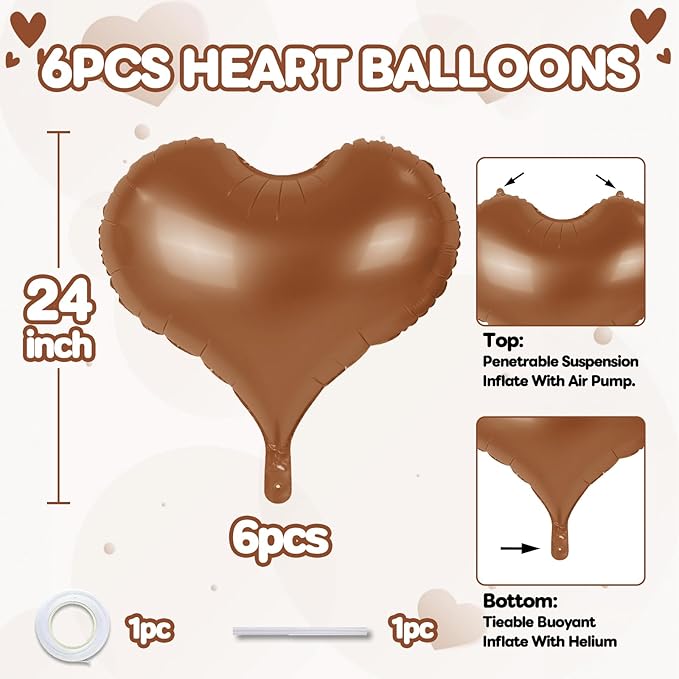24 Inch Brown Heart Balloons, Coffee Heart Shaped Foil Balloons, Tan Helium - Image 2