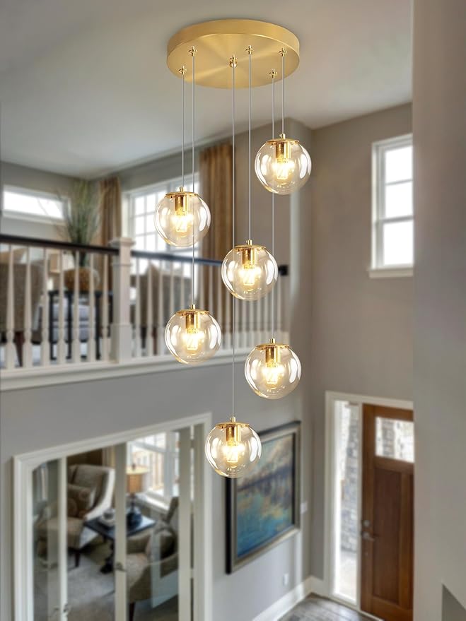 H 87in Modern Glass Globe Chandelier 6-Lights Pendant Light - Image 2