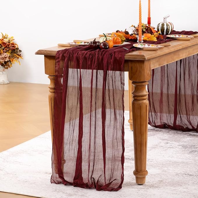Burgundy Red Cheesecloth Table Runner 4 Pack Fall Table Runners Boho Gauze 120 - Image 5