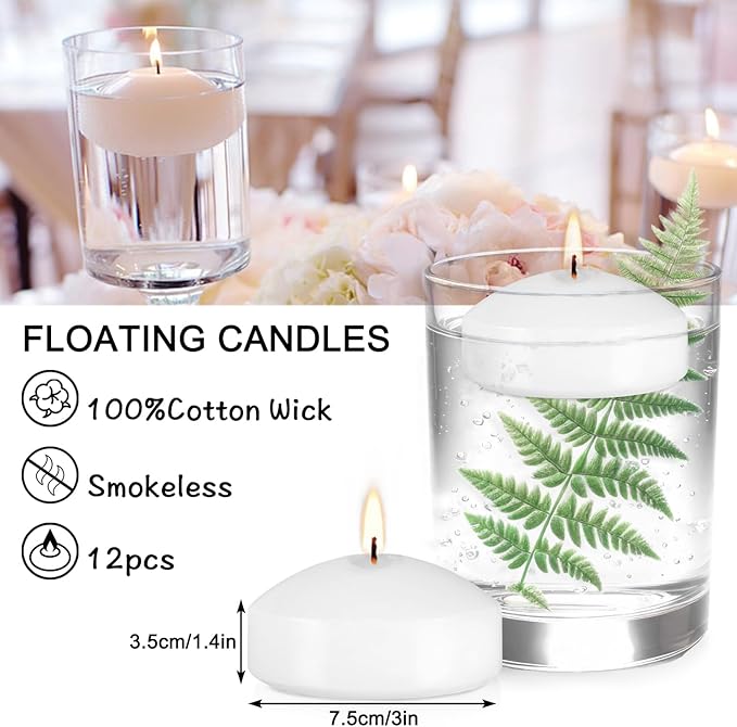 12 Bulk White Floating Candles-2 inch Unscented Tealights -for Romantic - Image 3