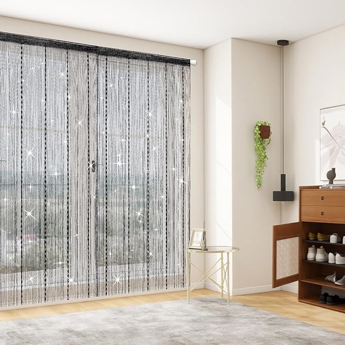 Hysenm Door String Curtains 39x79 Inch Black Panel Soft Balls Romantic Glitter - Image 2