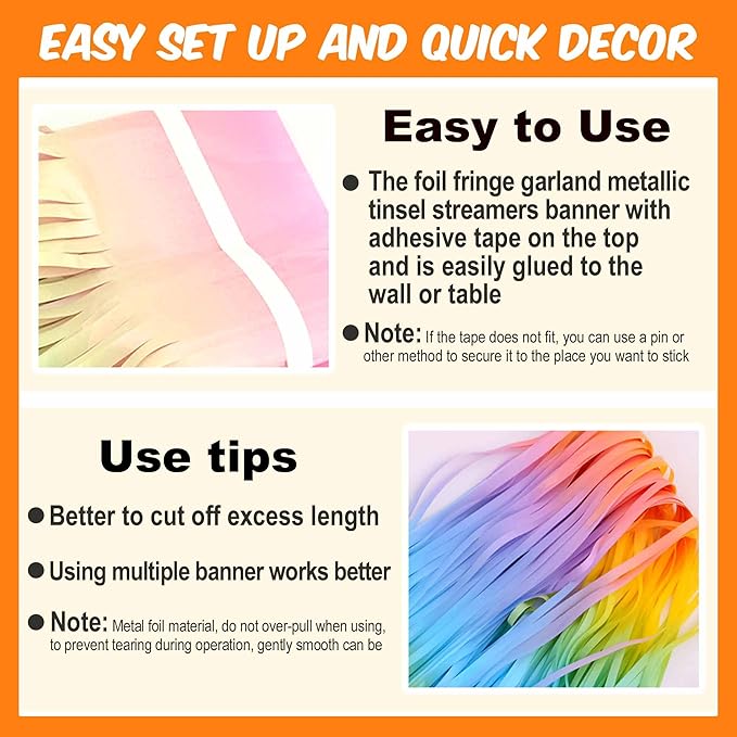 4 Pack 10 Ft Light Rainbow Foil Fringe Garland Metallic Streamers Tinsel Banner - Image 3