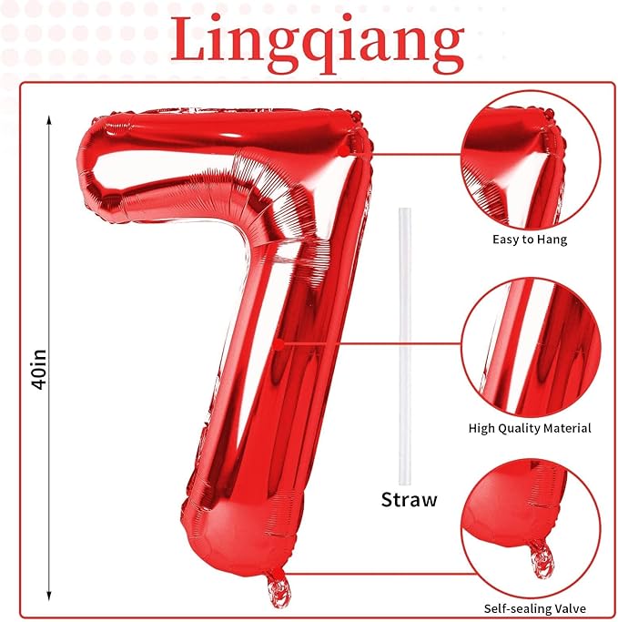 40 Inch Red Number 7 Balloon for Boys Girls, Large Self Inflating Foil Number - Image 2
