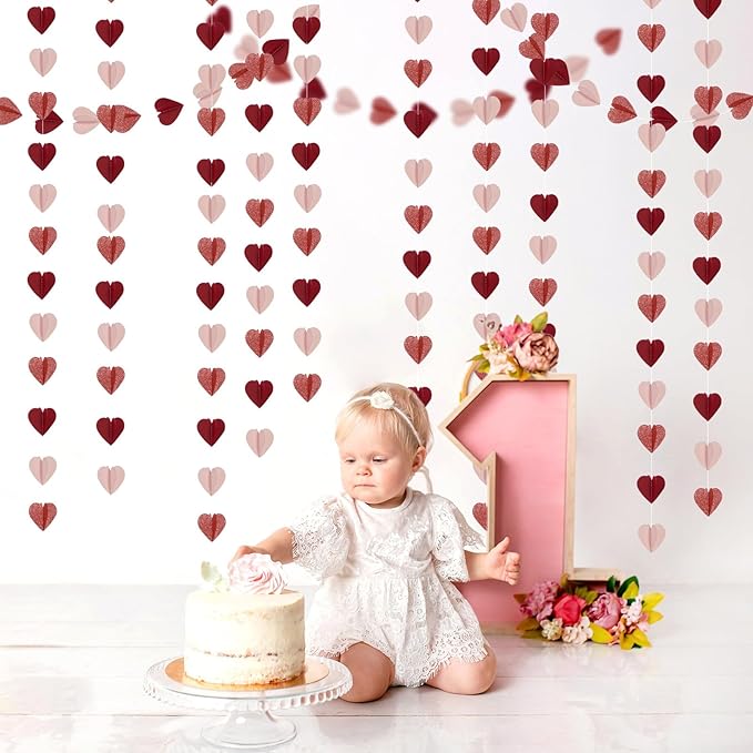 Rose-Gold Pink Burgundy-Red 3D-Heart Garland - 39Ft Party Decorations Hanging - Image 7