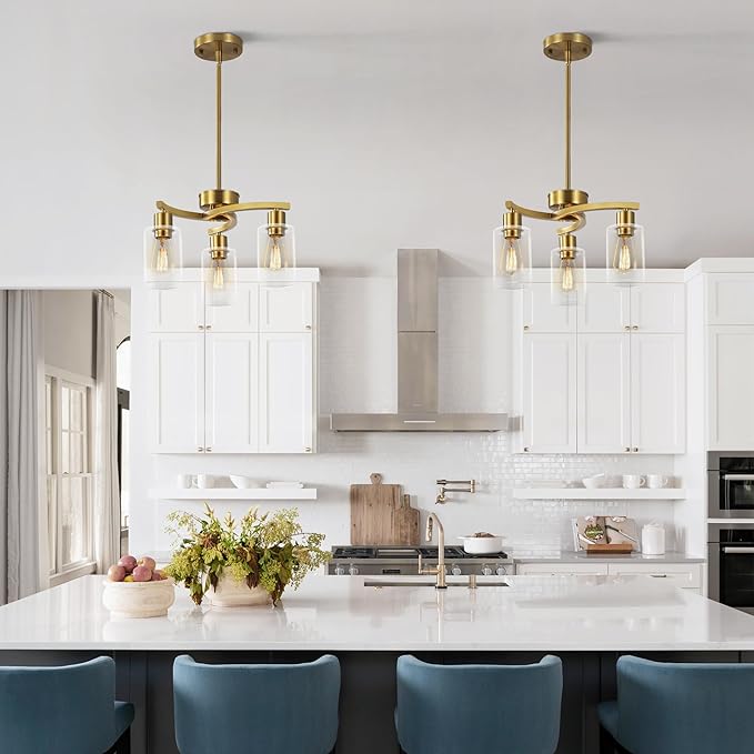 3-Light Gold Dining Room Chandeliers Over Table, Contemporary Kitchen Island - Image 4
