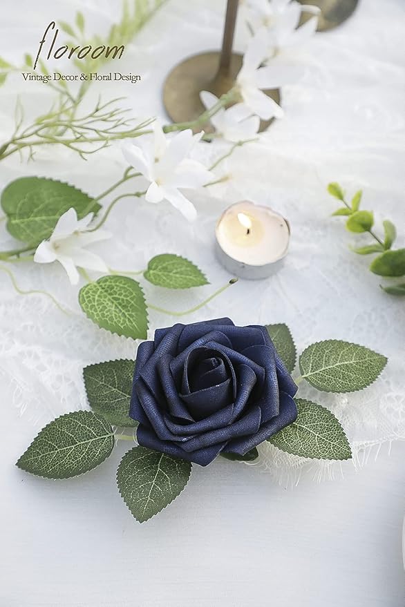 Floroom Artificial Flowers 50pcs Real Looking Navy Blue Foam Fake Roses - Image 4