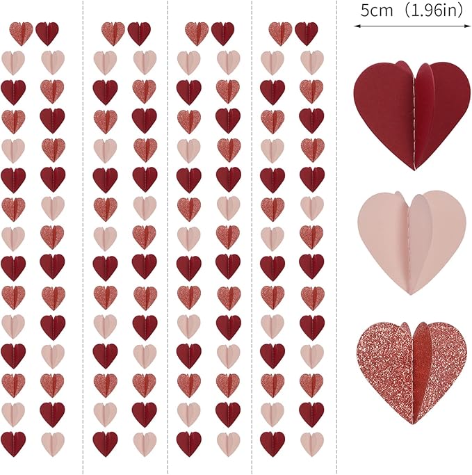 Rose-Gold Pink Burgundy-Red 3D-Heart Garland - 39Ft Party Decorations Hanging - Image 3