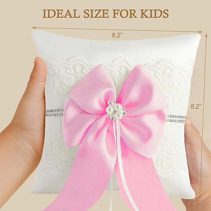 Wedding Ring Bearer Pillow: 8.2 x 8.2 Inch Satin Lace Cushion - Image 3