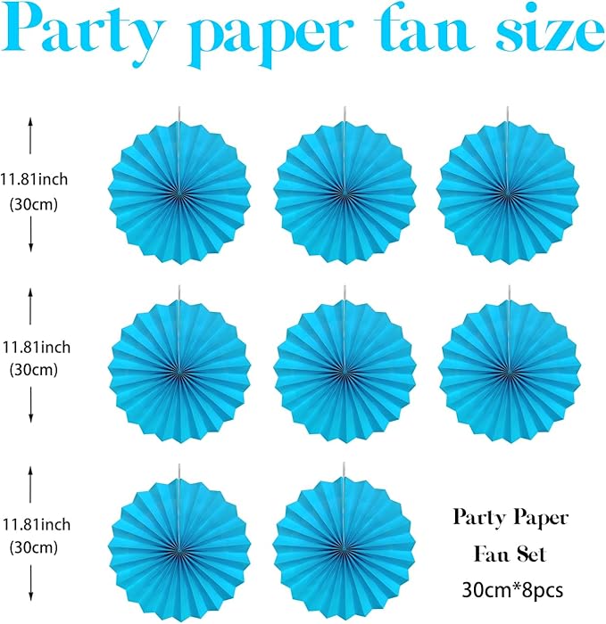 Blue Hanging Paper Fans, Party Decorations - Image 2