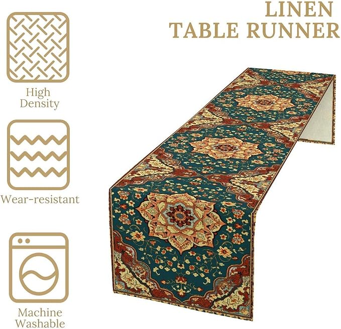 Boho Rich Table Runner, Vintage Blue Teal Gold Retro Flower Rustic Country - Image 5