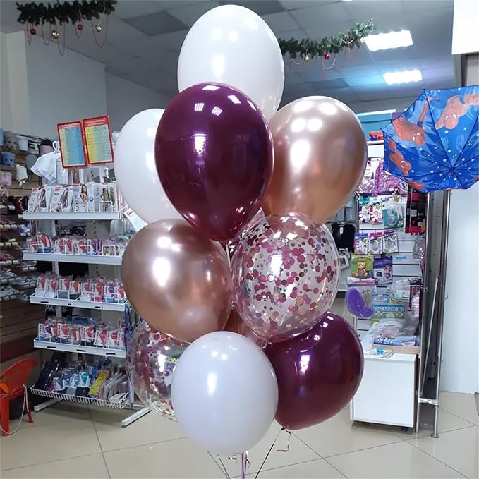 Burgundy Red Balloons, Wine Red and Rose Gold Confetti Balloon - Image 3