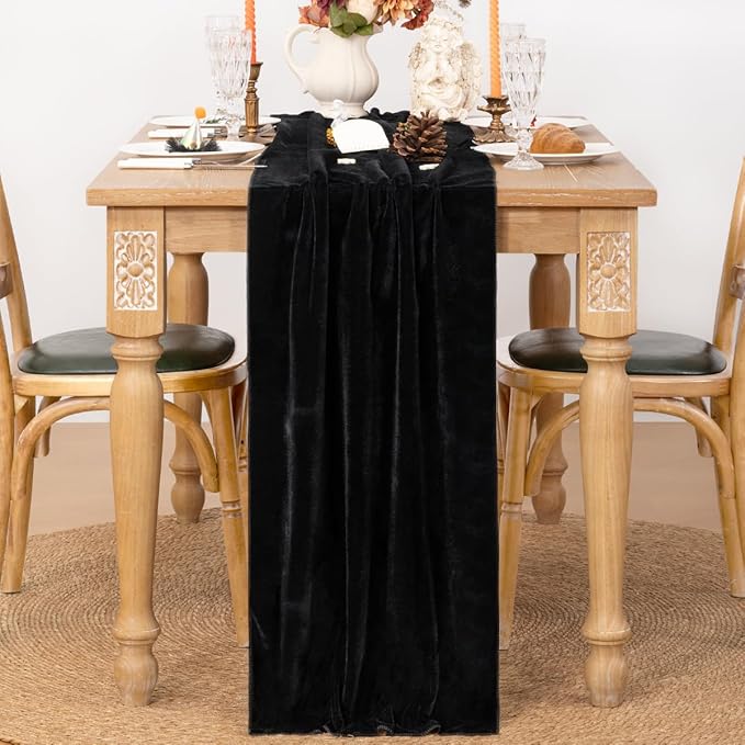 MLMC Black Velvet Table Runner 10ft Glossy Luxury Velvet Fall Table Runner - Image 3