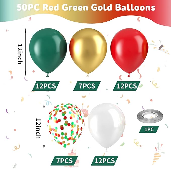 Red Green Gold Balloons, Vintage Dark Green Pearl White Confetti Balloons - Image 5