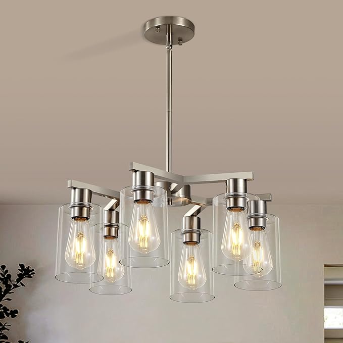 6-Light Modern Farmhouse Brushed Nickel Chandelier, Dining Room Light Fixture - Image 4