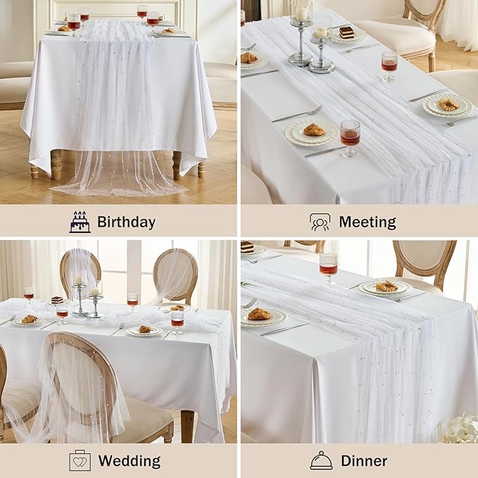Fanami 6 Pack Pearl Table Runner -10FT Ivory White Boho Tulle Table Runners 120 - Image 6