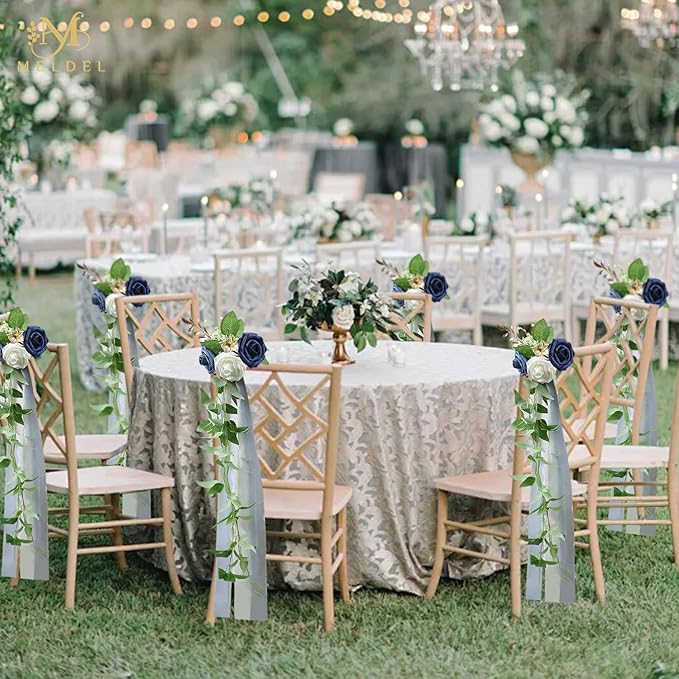 Meldel 10Pcs Elegnat Wedding Chair Back Decorations Aisle Artificial Blue White - Image 2