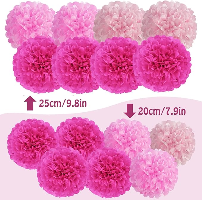 Hot Pink Tissue Pom Poms Paper Flowers Hanging Decorations Pink Flower Ball - Image 2