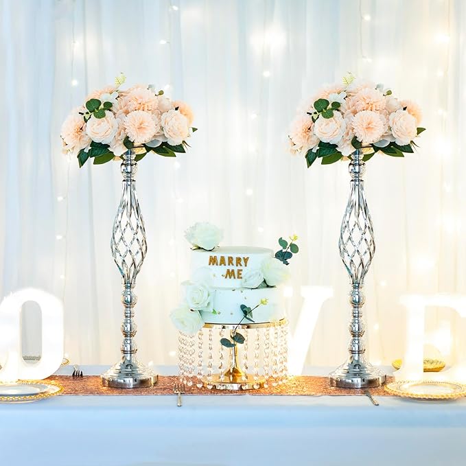 LANLONG 2pcs Metal Silver Candle Holders Road Lead Table Centerpiece Stand - Image 2