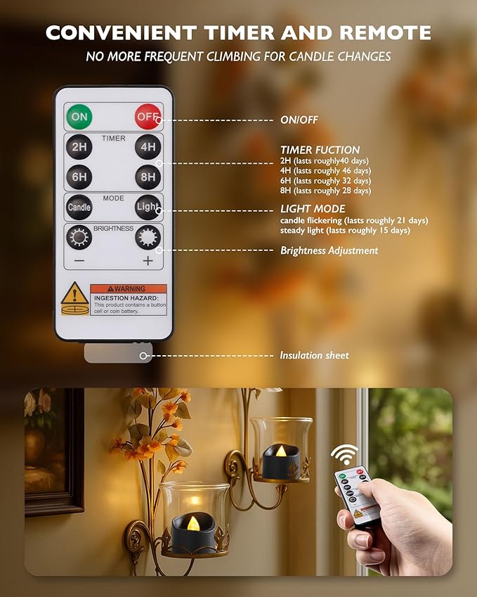 Homemory 12pcs Black Remote Timer LED Tea Lights Candles, 400+Hours Flickering - Image 6