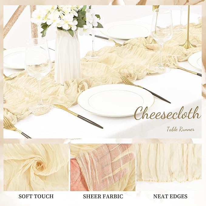 10FT 6 Pack Beige Cheesecloth Table Runner 20 x 120 Inch Long Rustic Gauze - Image 3