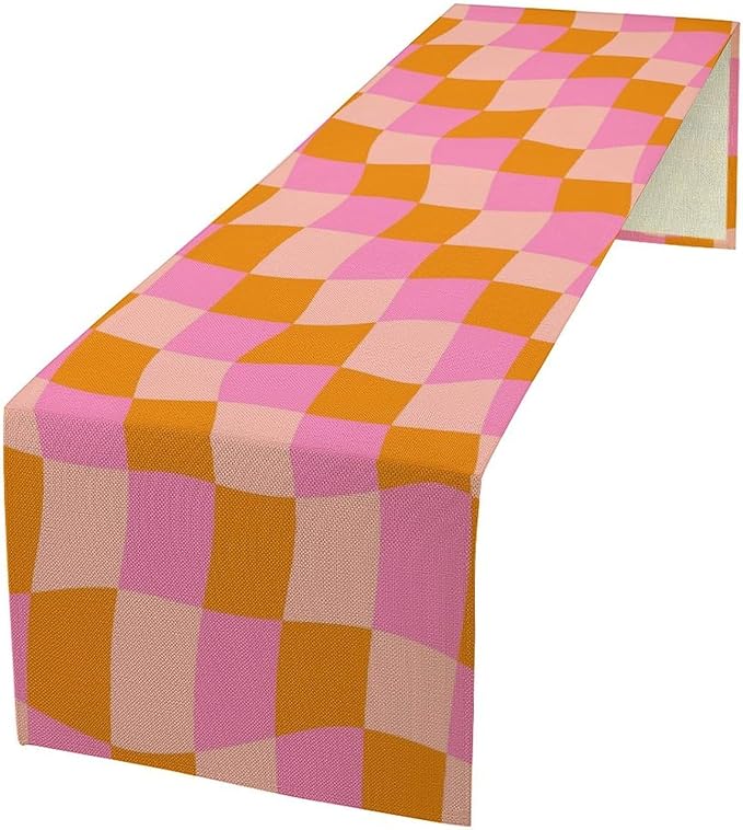 Checkered Table Runner Orange Retro 60s70s Boho Style Kitchen Restaurant by ICMOLYYENLO
