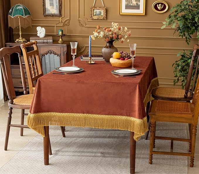 F-CHU Luxury Burnt Orange Tablecloth Thickset Velvet Tablecloth - Image 3