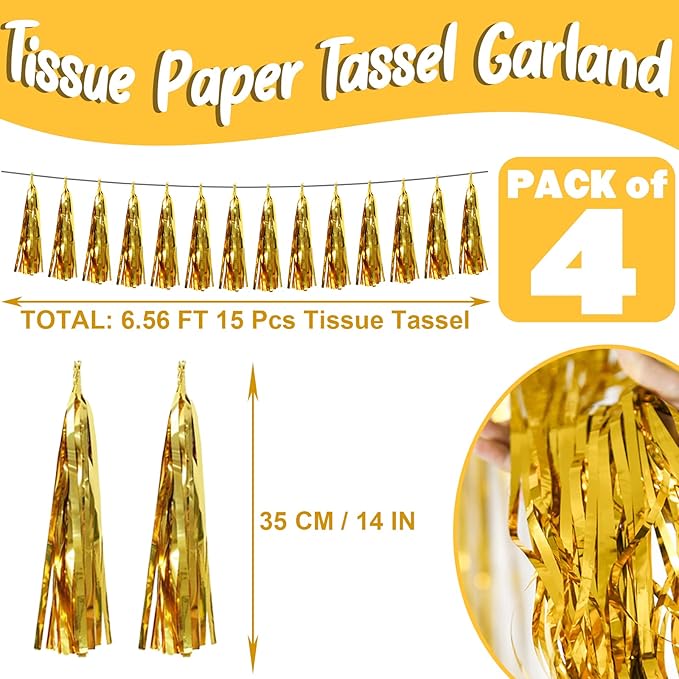4P Gold Foil Fringe Metallic Tassel Streamers Banner Tassel Garland - Image 2