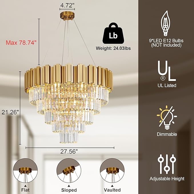Modern Crystal Chandelier, 27.5" Gold Chandelier - Image 3