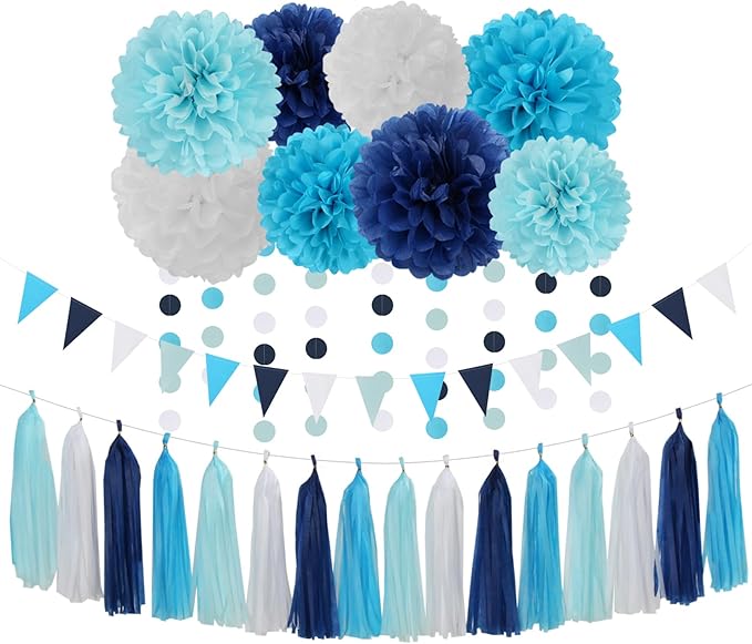 Light-Royal Navy-Blue White Pom-Poms Streamers by LastingSurprise