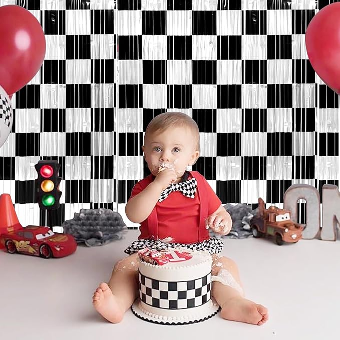 3 Pack 3.3Ft x 6.6Ft Race Car Checkered Foil Fringe Curtain Backdrop Decorations - Image 5