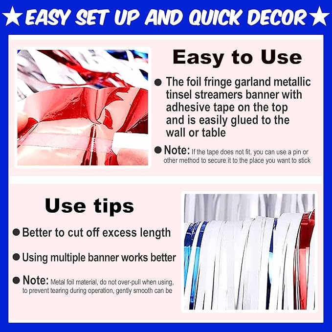 4 Pack 10 Ft White Blue Red Foil Fringe Garland Metallic Streamers Tinsel - Image 3