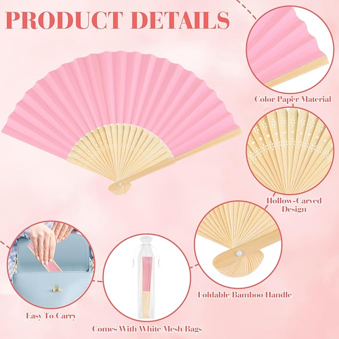 12 Pieces Pink Hand Held Bamboo Folding Fans Paper Fans Handheld - Image 3