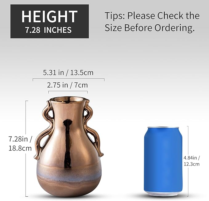 Gold Ceramic Vase with Handles, Modern Amber Brown Tall Centerpiece Floral - Image 4