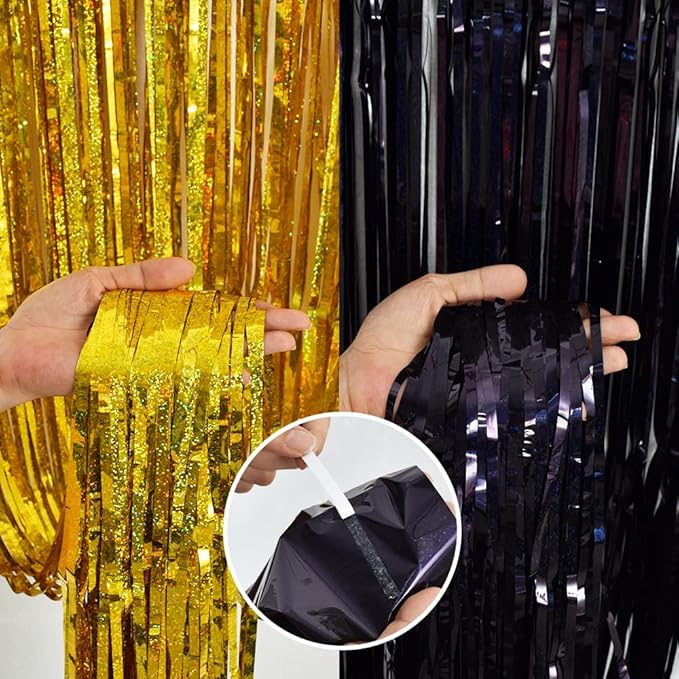 BEISHIDA 4 Pcs Black and Gold Party Streamers Fringe Foil Curtain Backdrop - Image 3