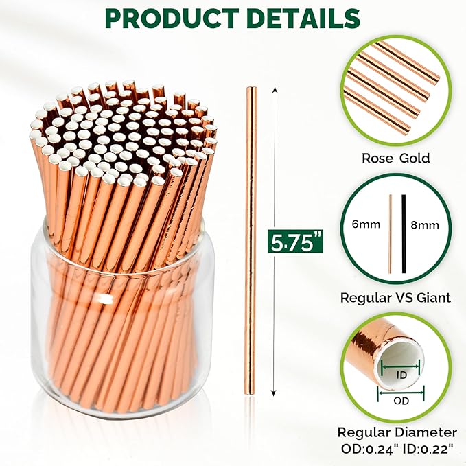 Rose Gold Paper Cocktail Straws, 5.75 inch, Disposable Short Small Drinking - Image 2