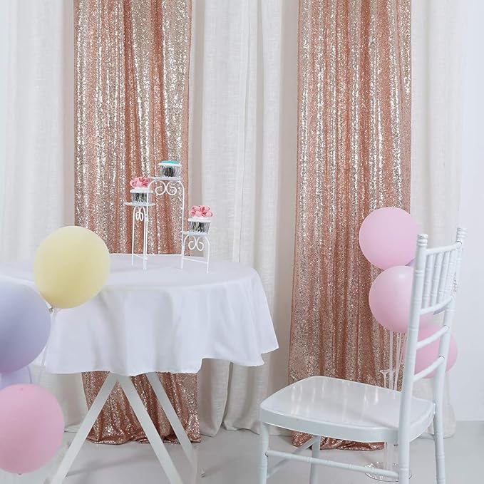 Rose Gold Sequin Backdrop Curtains 2FTx8FT 2 Panels Sparkly Background Drapes - Image 2