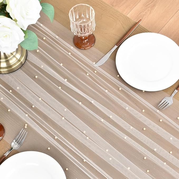 Joanlody Fall Pearl Table Runner 10ft Rustic Boho Tulle Table Runner - Image 4