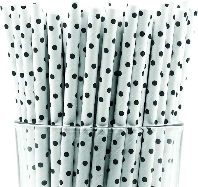 Pack of 150 Black Polka Dot Biodegradable 4-Ply Paper Drinking Straws by Stephanie+Imports