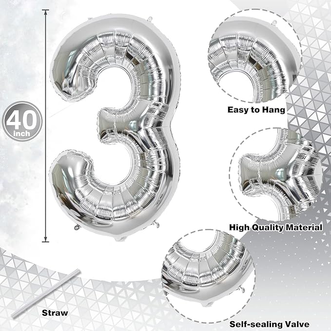 Silver 30 Number Balloons, 40 Inch Helium Foil Number 3 & 0 Balloons - Image 2