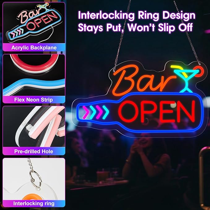 Bar Open Neon Sign, Super Bright 16''x 9'' Dimmable USB Powered LED Open Signs - Image 5