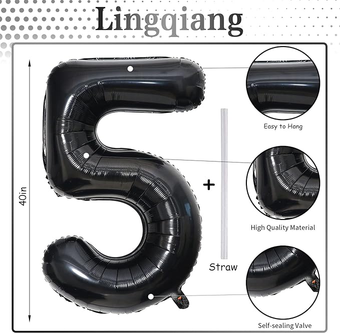 Black 5 Balloons, 40 Inch Large Foil Number Balloons Set 0-9, Self Inflating - Image 2