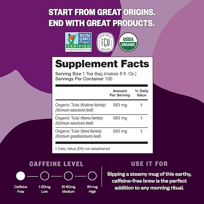 FGO Organic Tulsi Holy Basil Tea, Eco-Conscious Herbal Tea Bags, Resealable Bag - Image 2