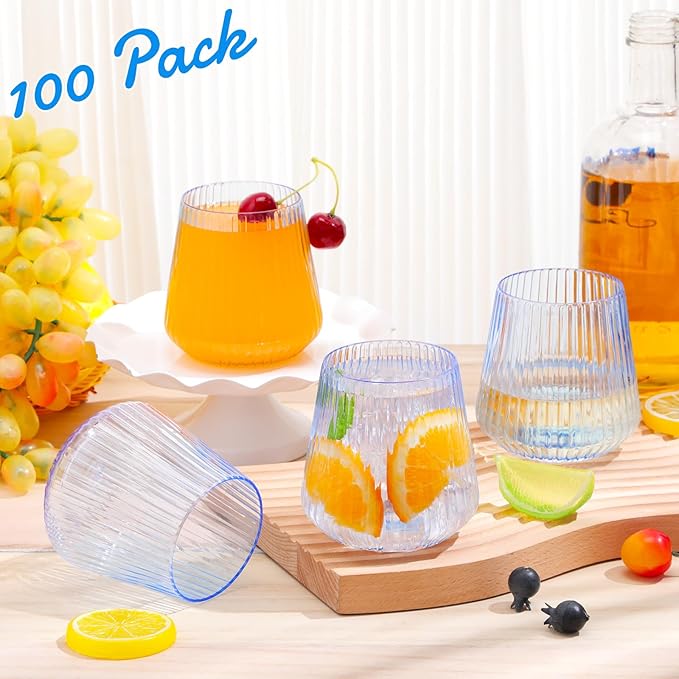 Suclain Plastic Wine Glasses Ribbed Stemless Wine Glasses 14oz Vertical Design - Image 7