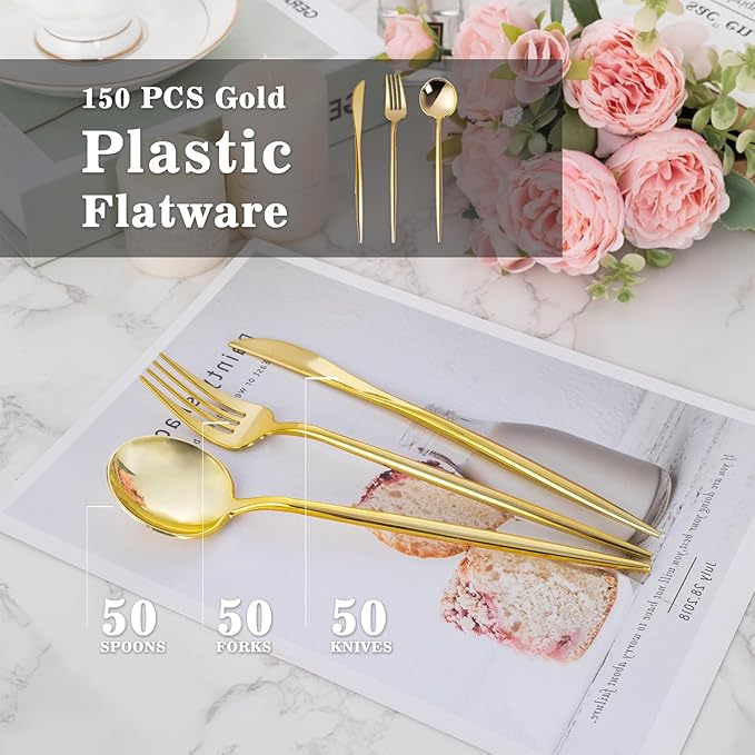 150PCS Gold Plastic Silverware, Heavy Duty Disposable Utensils Include 50 Forks - Image 4