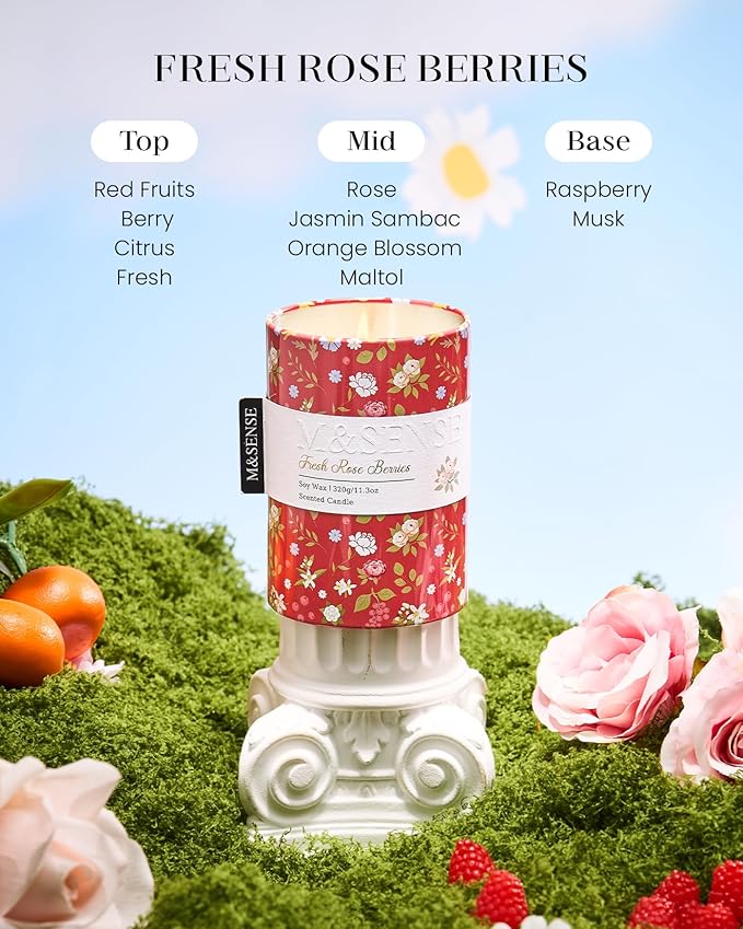 M&SENSE Fresh Rose Berries Scented Candle, Medium Jar Candle 11.3oz Natural Soy - Image 2