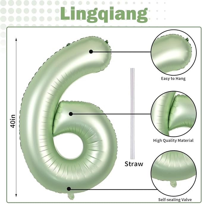Sage Green Number 6 Balloons, 40 In Large Olive Green Number 6 Foil Helium - Image 2