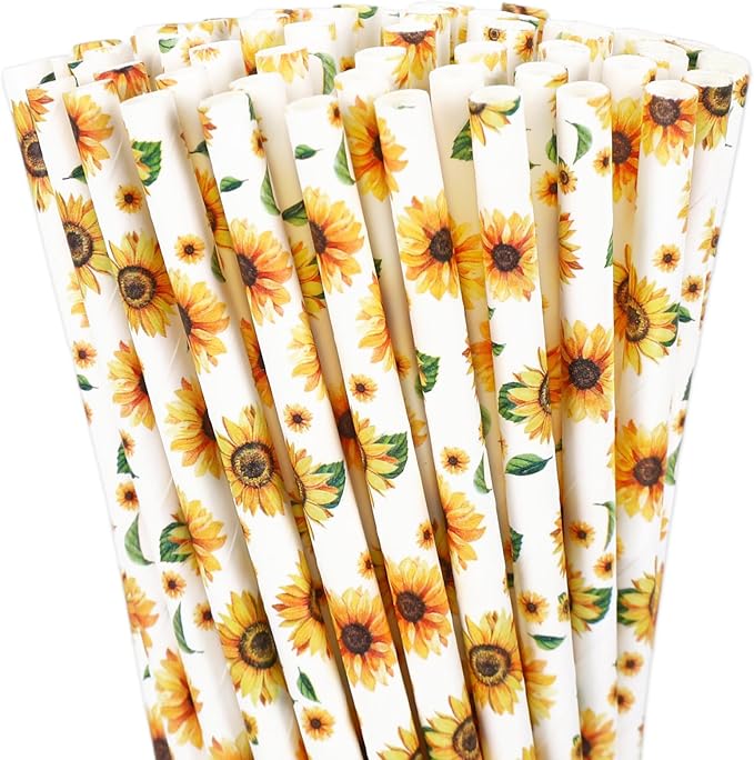 200Pcs Sunflower Paper Straws Watercolor Yellow Floral Disposable Drinking by JarThenaAMCS