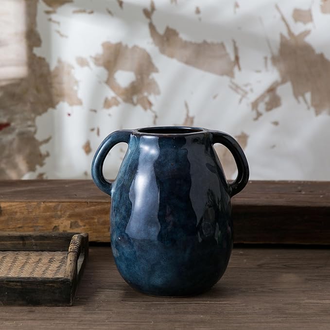 Blue Ceramic Vase with 2 Handles - Image 8