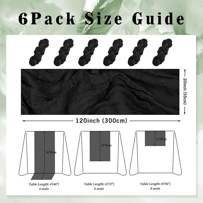 10FT 6 Pack Black Cheesecloth Table Runner 20 x 120 Inch Long Boho Fabric - Image 2